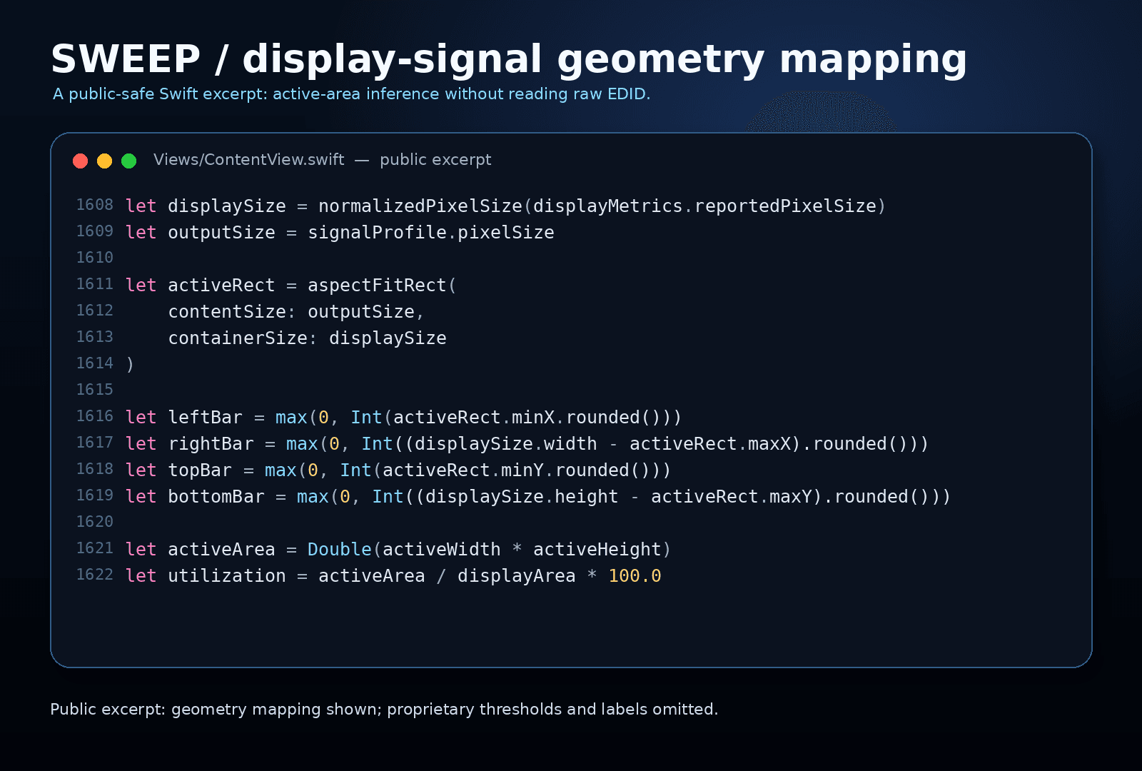 Public-safe Swift excerpt showing geometry mapping from source raster to display area