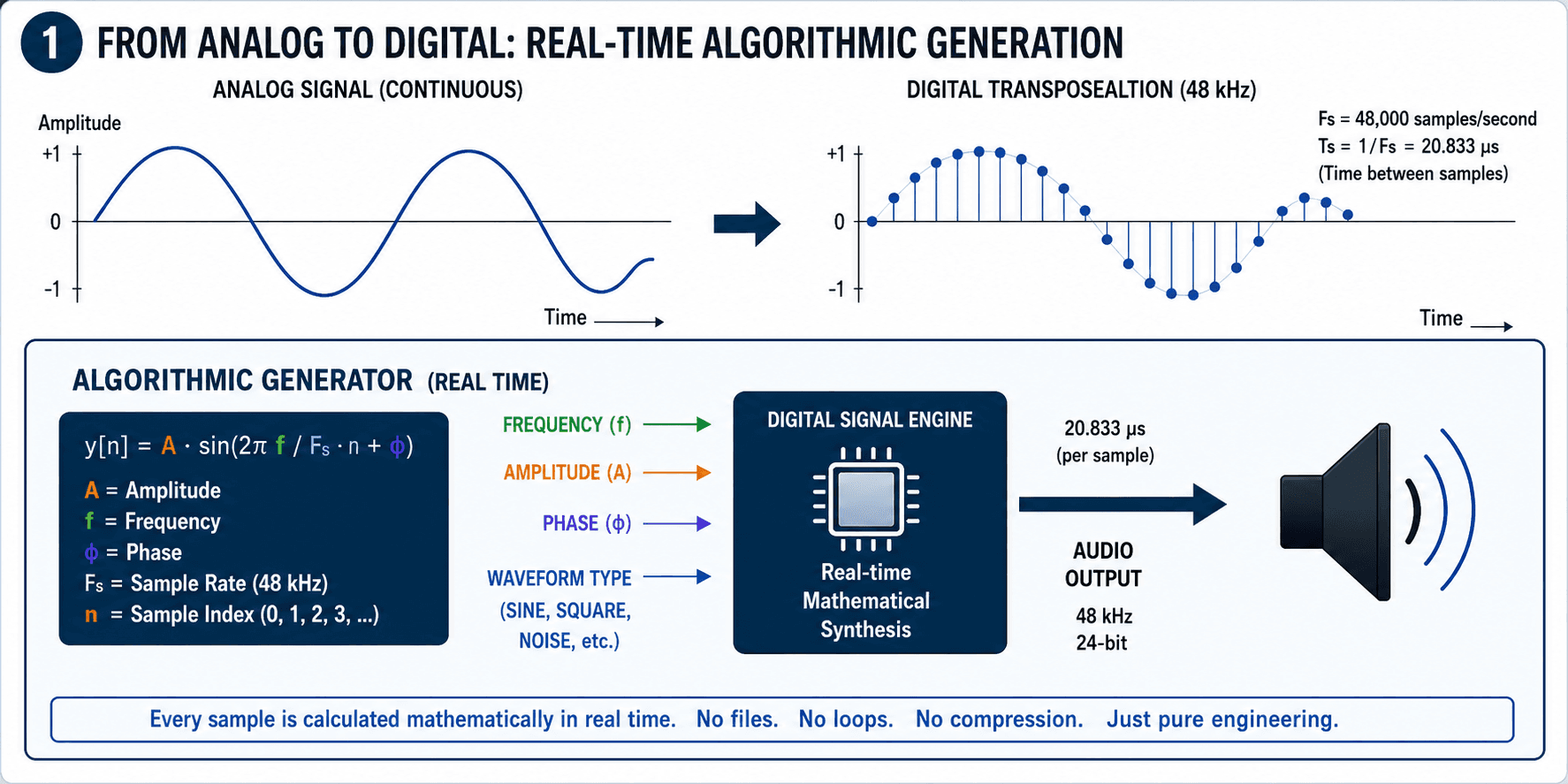 Diagram showing a continuous analog sine wave, 48 kHz digital sampling, and GEN-B real-time mathematical sample generation.
