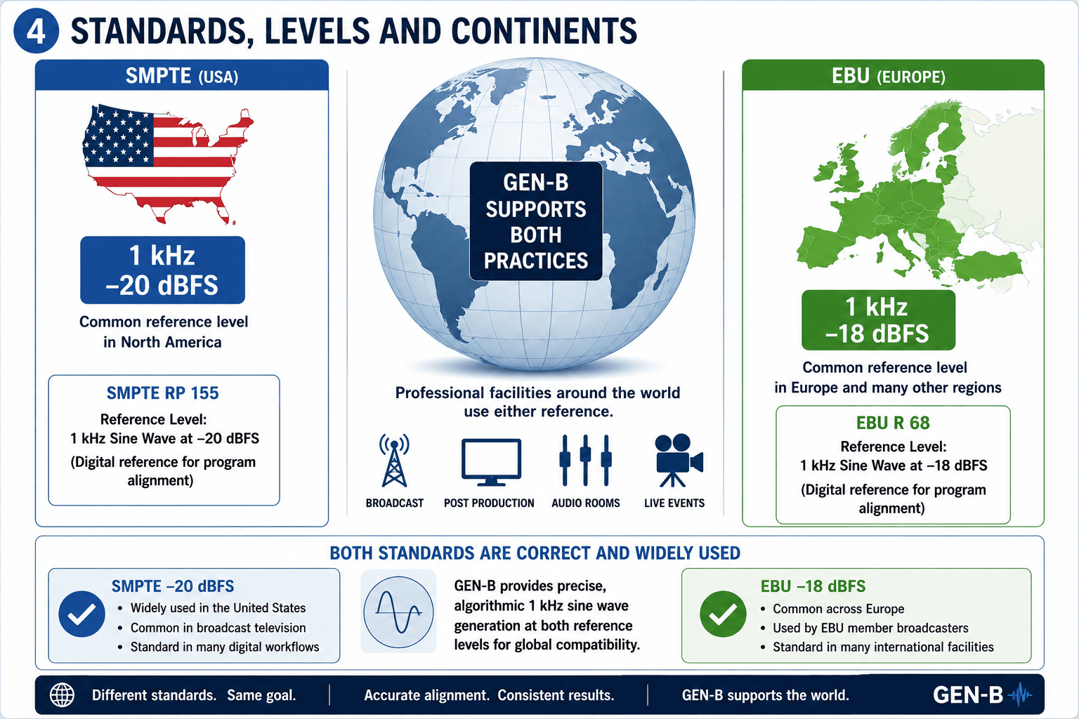 Comparison of widely used North American minus 20 dBFS and European EBU minus 18 dBFS reference-tone practices.