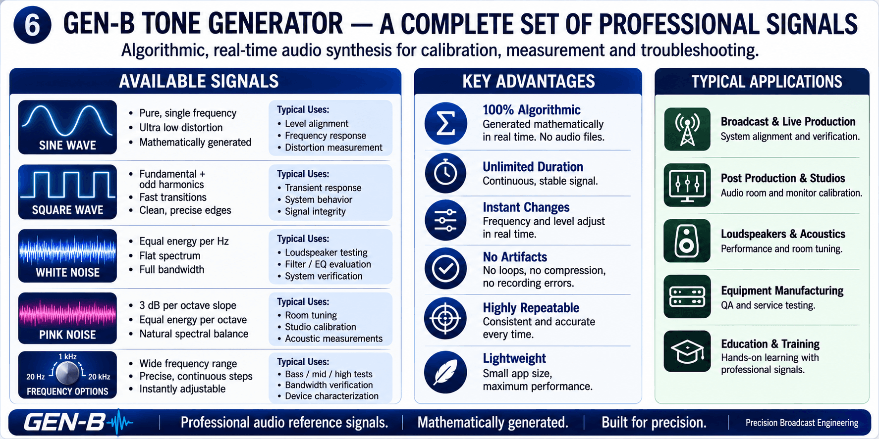 Overview of GEN-B professional signal types including sine wave, square wave, white noise, pink noise, and selectable frequencies.
