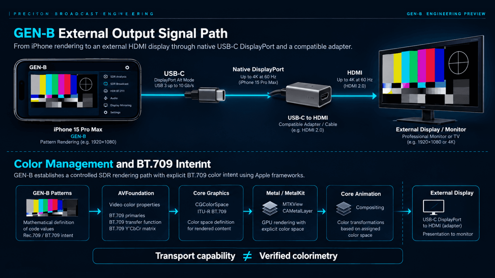 GEN-B external output signal path from an iPhone through native USB-C DisplayPort and a compatible HDMI adapter to an external display.