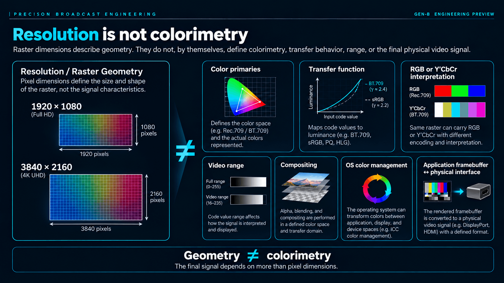Diagram showing that raster resolution is separate from color primaries, transfer function, RGB or Y′CbCr interpretation, video range, compositing, color management, and the physical interface.