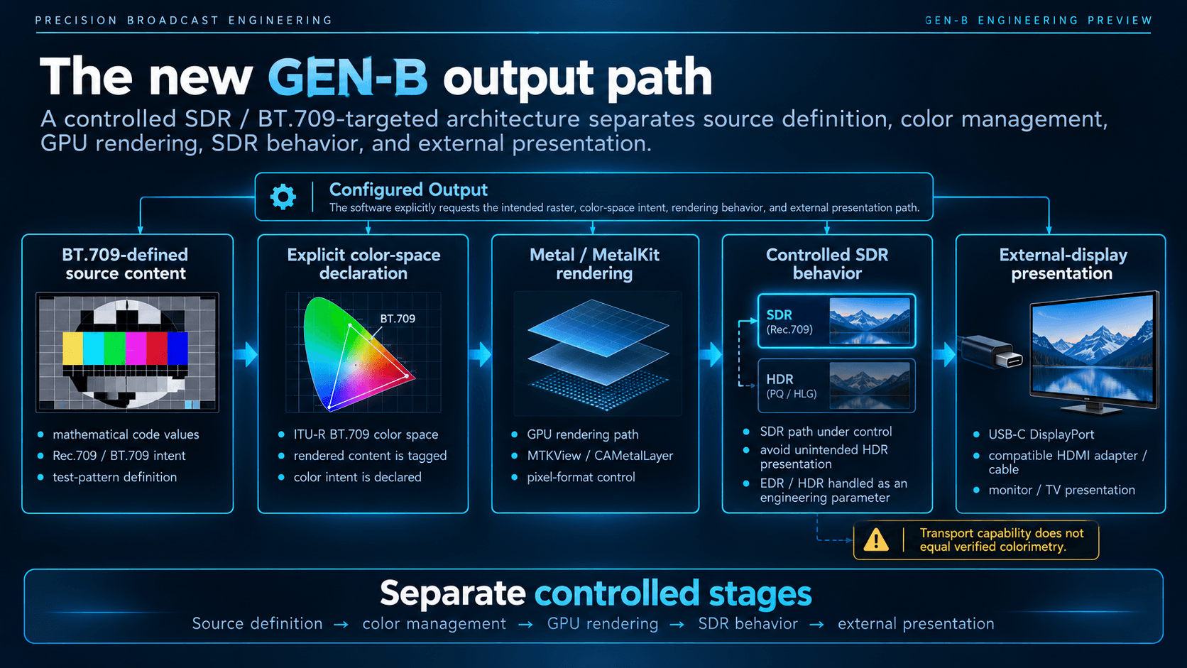 Diagram of the proposed GEN-B output path as separate controlled stages: source definition, color management, GPU rendering, SDR behavior, and external presentation.