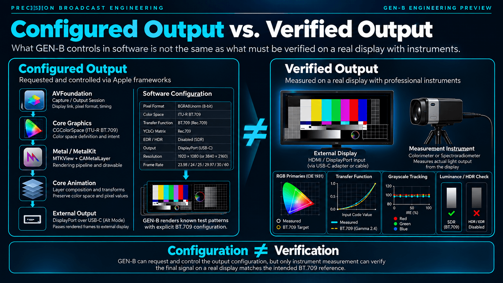 Diagram contrasting Configured Output, what the software explicitly requests, with Verified Output, what independent instrumentation confirms at the physical interface.