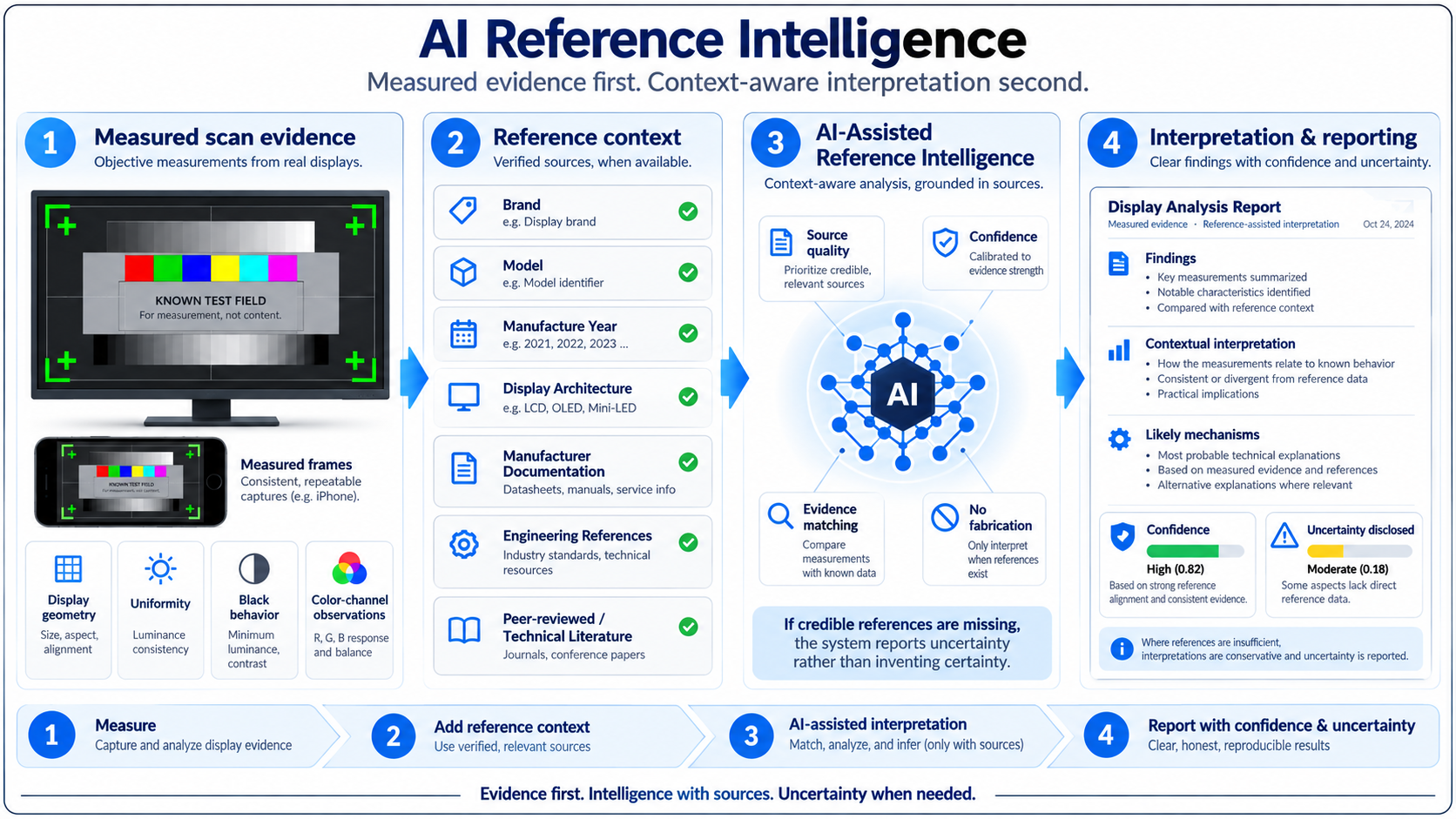 Planned AI Reference Intelligence flow from measured scan evidence through verified context to interpretation only where sources exist