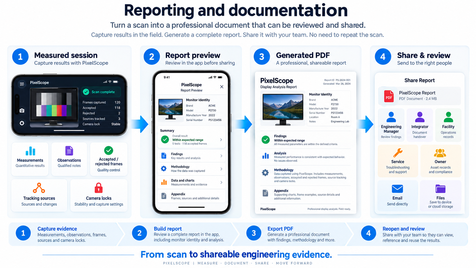 PixelScope reporting path from a measured session to in-app preview, generated PDF, and share destinations